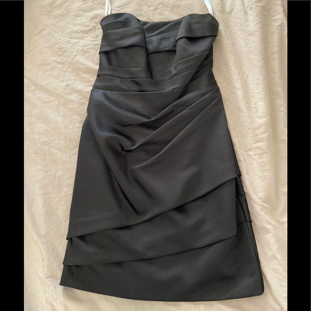 David’s Bridal Black Satin Strapless Pleated Dress